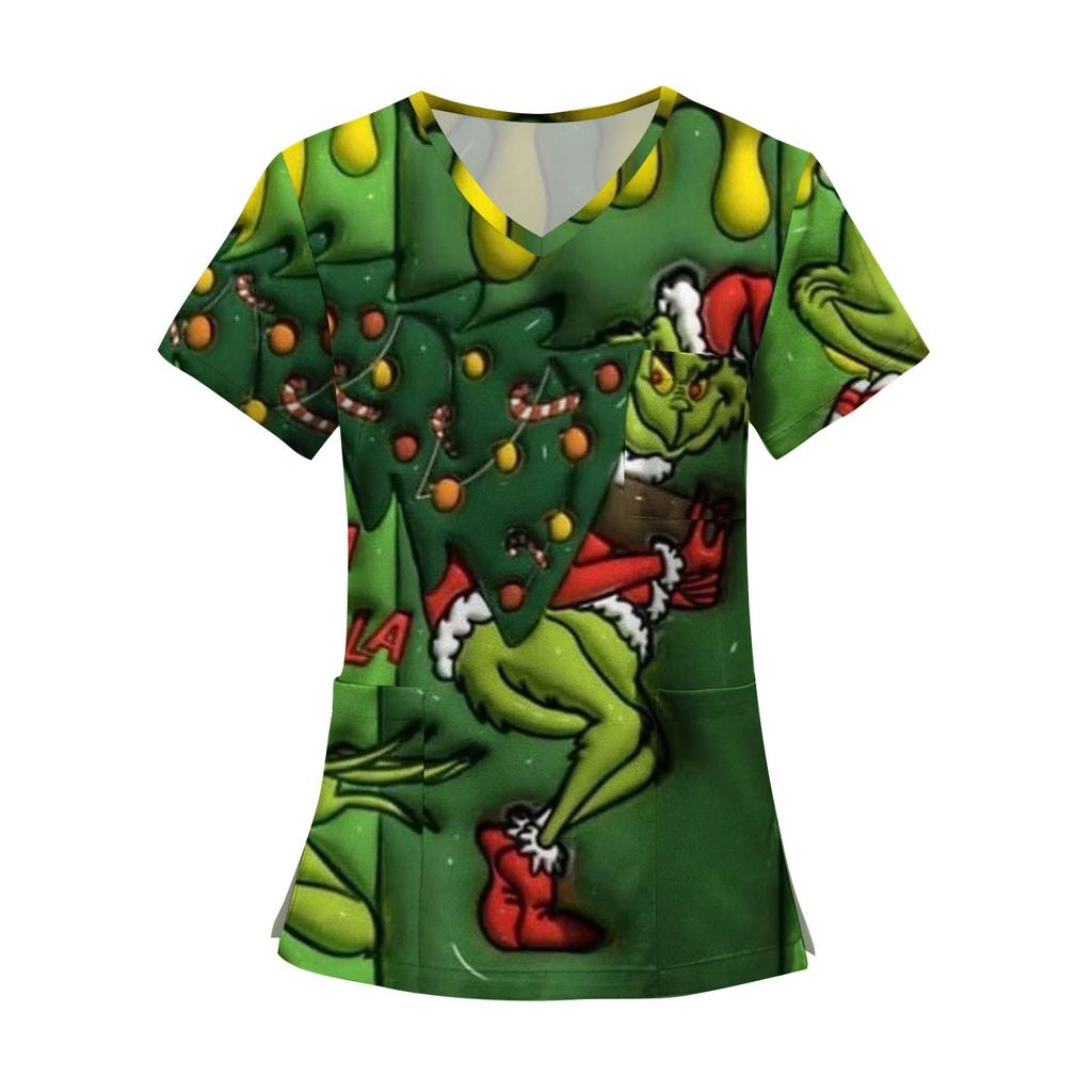 Women's Fashion Printed Short Sleeve V Neck Pattern Tops Pocket Working T-shirts