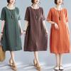 Summer Loose Round Neck Short Sleeved Dress Women Mid Long Style