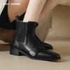 2024 New Women Genuine Leather Ankle Boots Autumn Winter Square Toe Thick Heels Casual Office Lady Working Black Shoes Woman