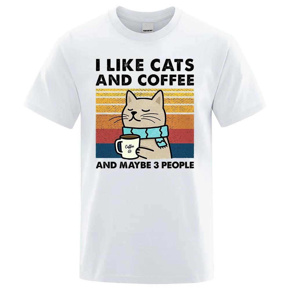 Футболка I Like Cats And Coffee Street для мужчин, модная повседневная свободная хлопковая одежда, дышащая футболка с круглым вырезом в стиле хип-хоп
