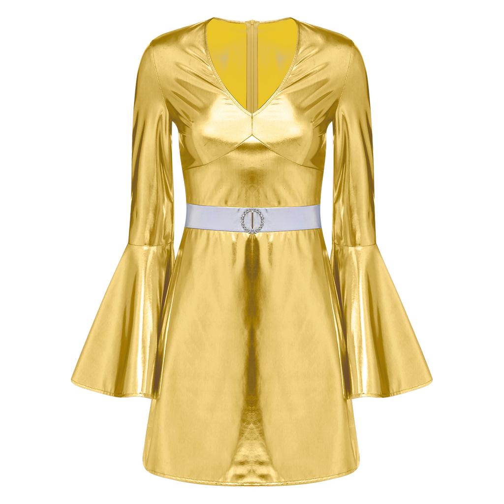 Женский костюм диско 70-х годов, платье-бодикон с V-образным вырезом, рукавами-клеш, кристальным декором, металлическим блеском