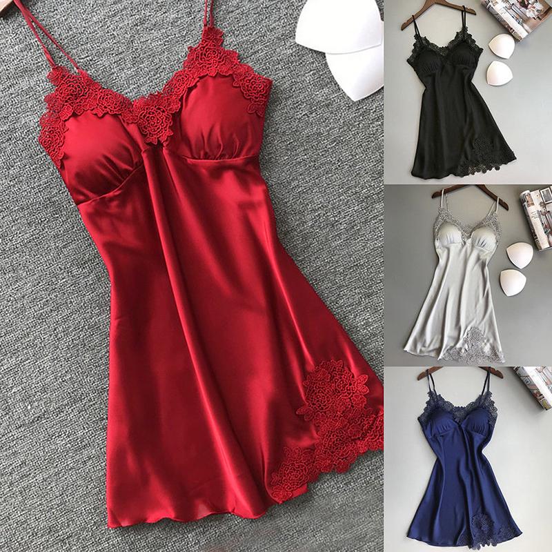Ladies Sexy Silk Satin Night Dress Sleeveless Nighties V-neck Nightgown Nightdress Lace Sleepwear Nightwear