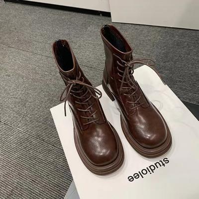 Женские ботинки на шнуровке в британском стиле с круглым носком, толстой подошвой и толстым каблуком, короткие ботинки