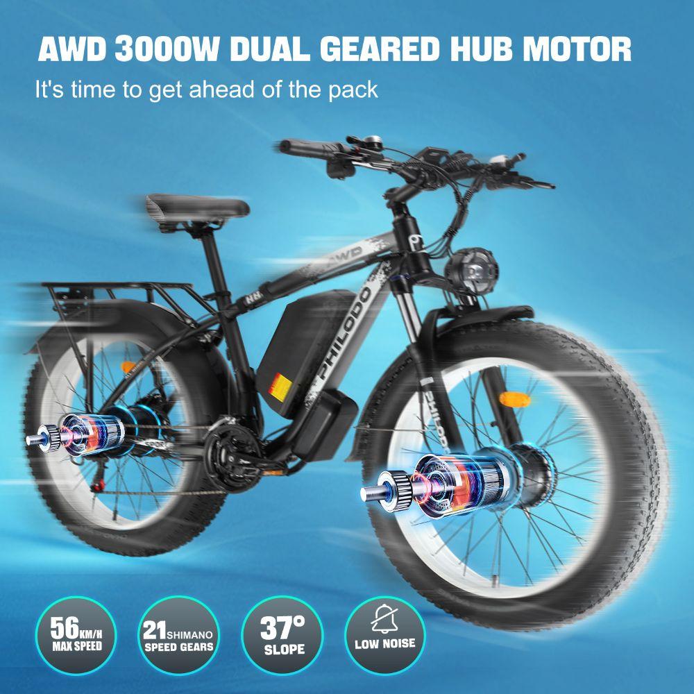 Electric bicycle PHILODO H8, 3000W motor, 48V 26Ah battery, top speed 56 km/h, cruising range 100km, 26x4.0 inch tires