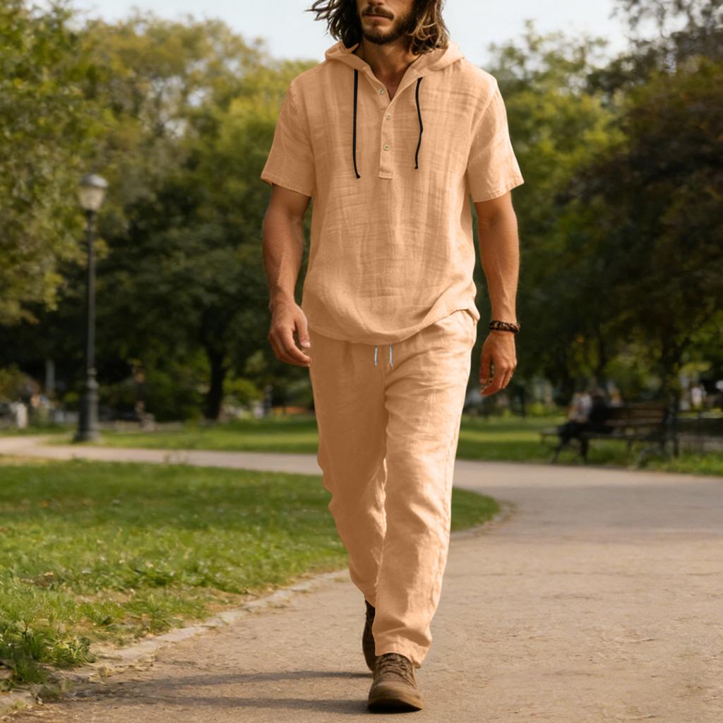 Мужской повседневный льняной комплект, Рубашка на пуговицах, Брюки с эластичным поясом и кулиской, Свободные, Удобный комплект из двух предметов