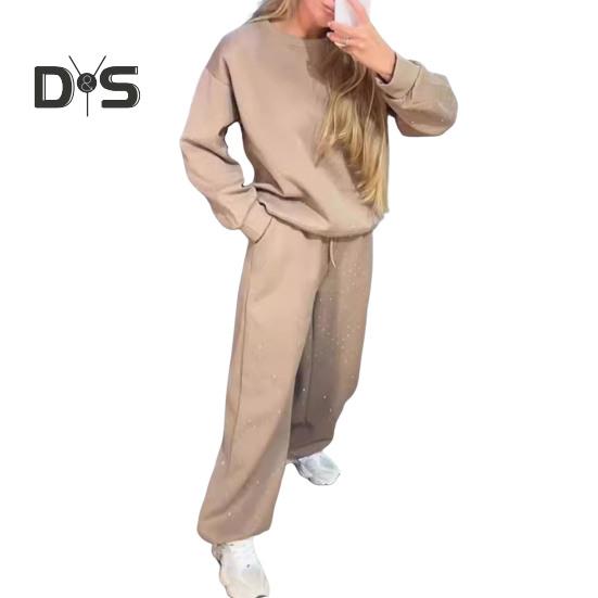 2 шт./комплект женский топ брюки костюм круглый вырез длинный рукав стразы декор толстовка эластичный пояс широкие брюки повседневная одежда спортивный наряд осень