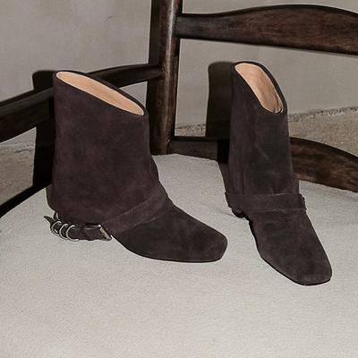 Версия из овчины~ Корейские нишевые туфли с квадратным носком, внутренняя платформа, ремень с пряжкой, брючные ботинки, короткие ботинки, женские ботинки на толстом каблуке, ботинки Мартин, ковбойские ботинки