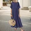 Women Dot Print Maxi Dress Summer Short Sleeve Crew Neck Long Dress Casual Pleated Swing Beach Sundress