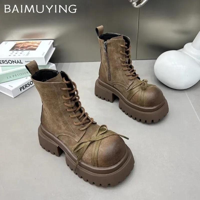 Женские зимние ботинки на толстой платформе с ботильонами на среднем каблуке с бантом, модные кожаные туфли для женщин, зима 2024, тренд, готика, челси, ботинки-ботинки Mujer