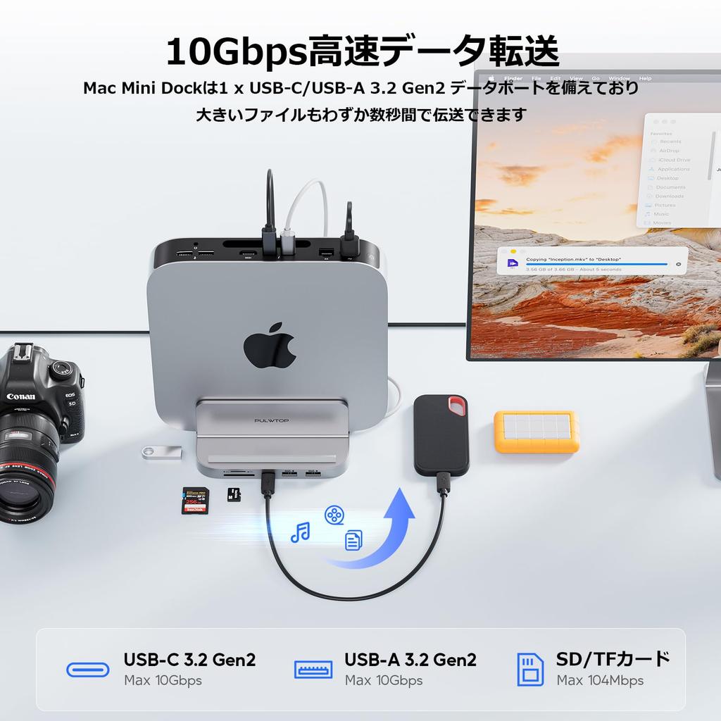 PULWTOP 8-в-1 USB-C хаб-подставка для Mac Mini Pro Вертикальная 1 x gen 2 2 x 1 x Аудио 1 x Расширенный слот PCIe SSD Не M1/M2/M2 USB-C/USB-A 3.2 10 Гбит/с, USB-A