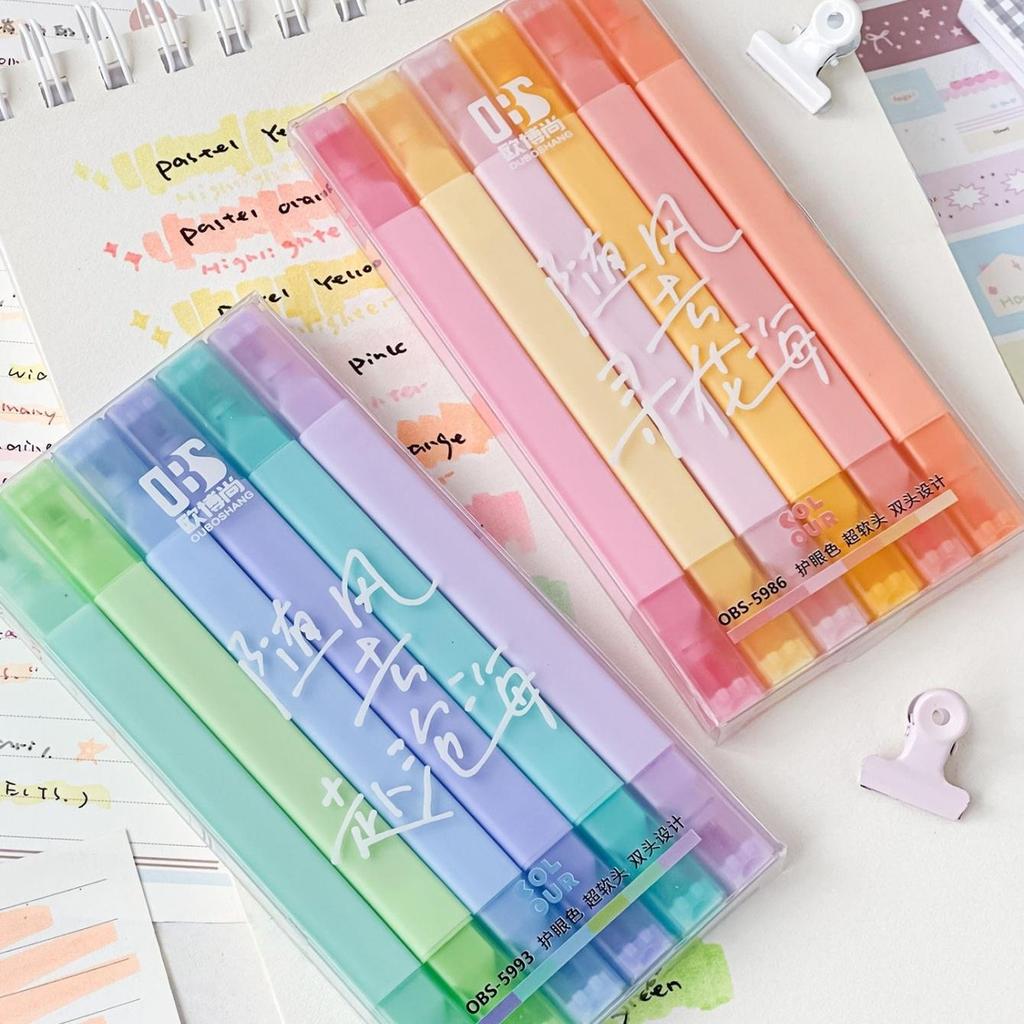 6pcs Dual Tip Highlighter Pens Set Macaron Pastel Colors Chisel Tip Quick Dry Soft Brush Student Drawing Set