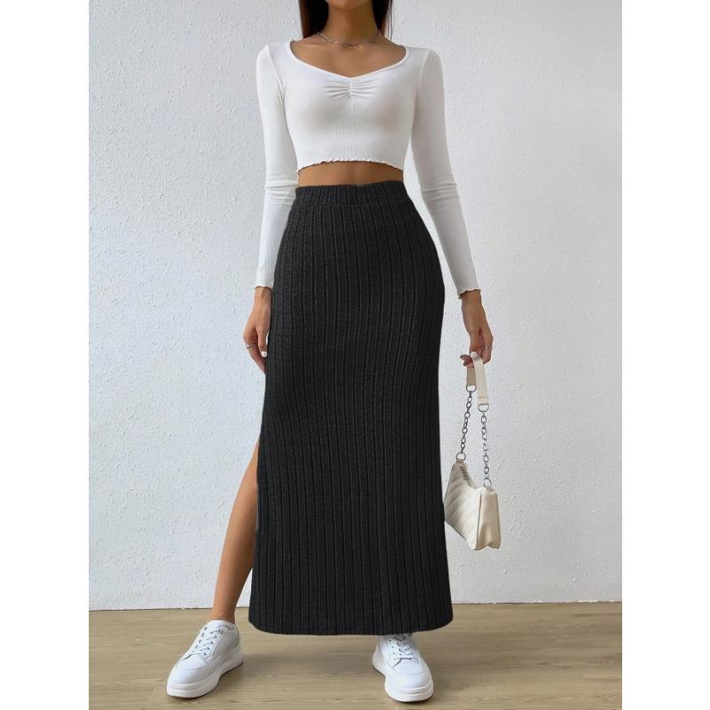 Autumn and Winter Women's Plus Size Slim Knitted Half-body Skirt Medium Long Comfortable Side Split Tall Waist Slim Warm Skirt