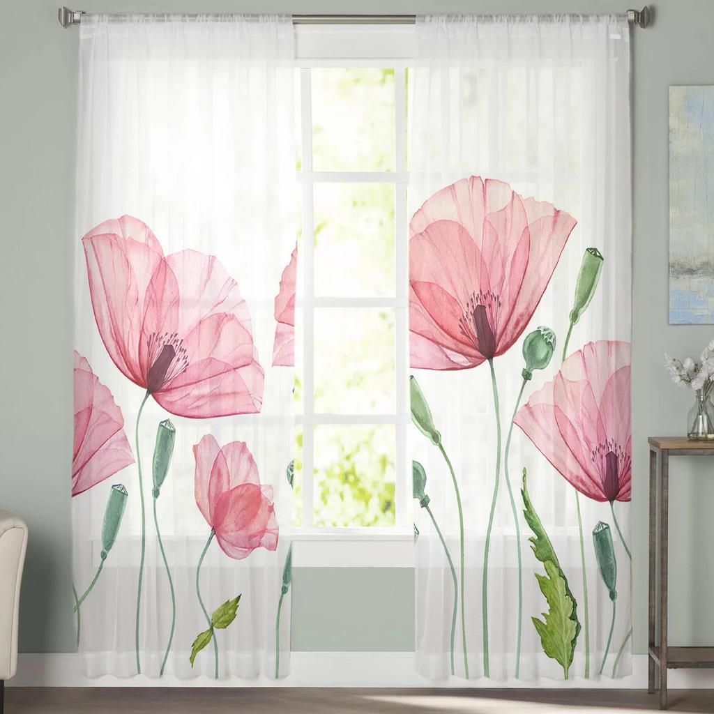 Тюлевые шторы с цветком мака и растением, модные прозрачные занавески с принтом для гостиной, окна, современный декор