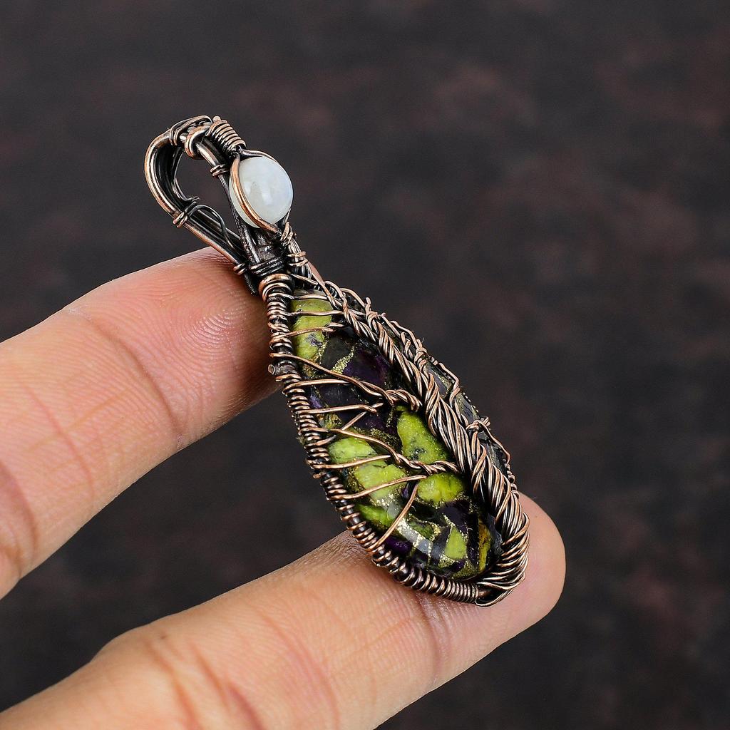 Подвеска из меди «Дерево жизни» со стихтитом, подвеска из медной проволоки, драгоценный камень, медные украшения, подвеска из радужного лунного камня, антикварная подвеска ручной работы