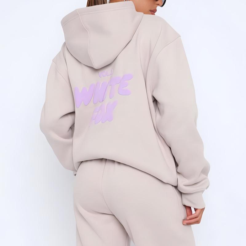 2 Pcs/Set Women Hoodie Pants Set Long Sleeve Thick Letter Print Hooded Drawstring Elastic Waist Ankle-banded Solid Color Top Trousers Lady