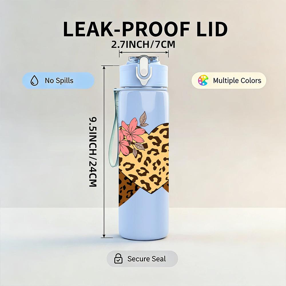 1PC Triple Leopard Heart 750ml Color Plastic Sports Water Bottle Leakproof Flip Straw Lid Suitable for Sports Office Home Use