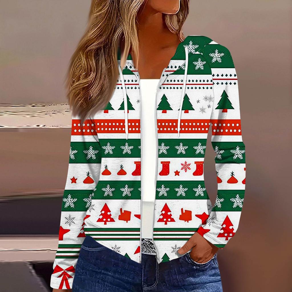 Women's Fashion Christmas Print Casual Zip-Up Long-Sleeved Hooded Jacket