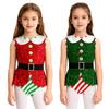 Kids Girls Christmas Santa Elf Costume Sequins Candy Cane Stripe Leotard Bodysuit Ballet Dancewear