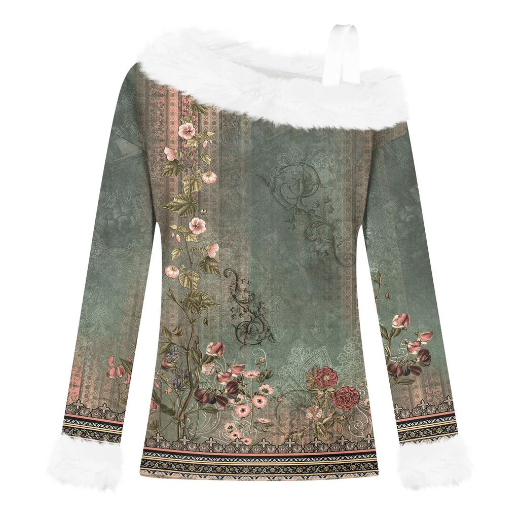 Women's Off-the-shoulder Plush Neck Printed Long-sleeved Pullover T-shirt Top