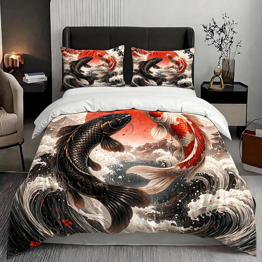 Japanese Artistic Koi Fish Wave Print Duvet Cover Set 3Pc Bedding with 2 Pillowcases Invisible Zipper Machine Washable