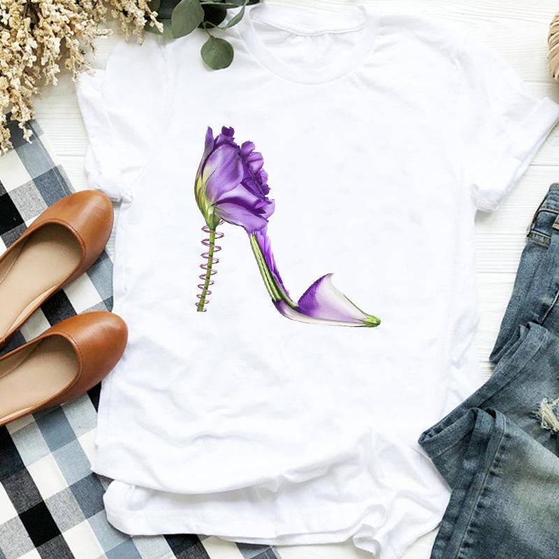 Floral Flower Shoes Print T Shirt Women Short Sleeve O Neck Loose Tshirt Women Tee Shirt