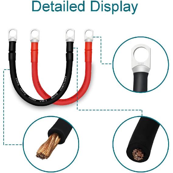 4 AWG Battery Cables with 3/8 inch Copper Terminals(2PCS 1FT)