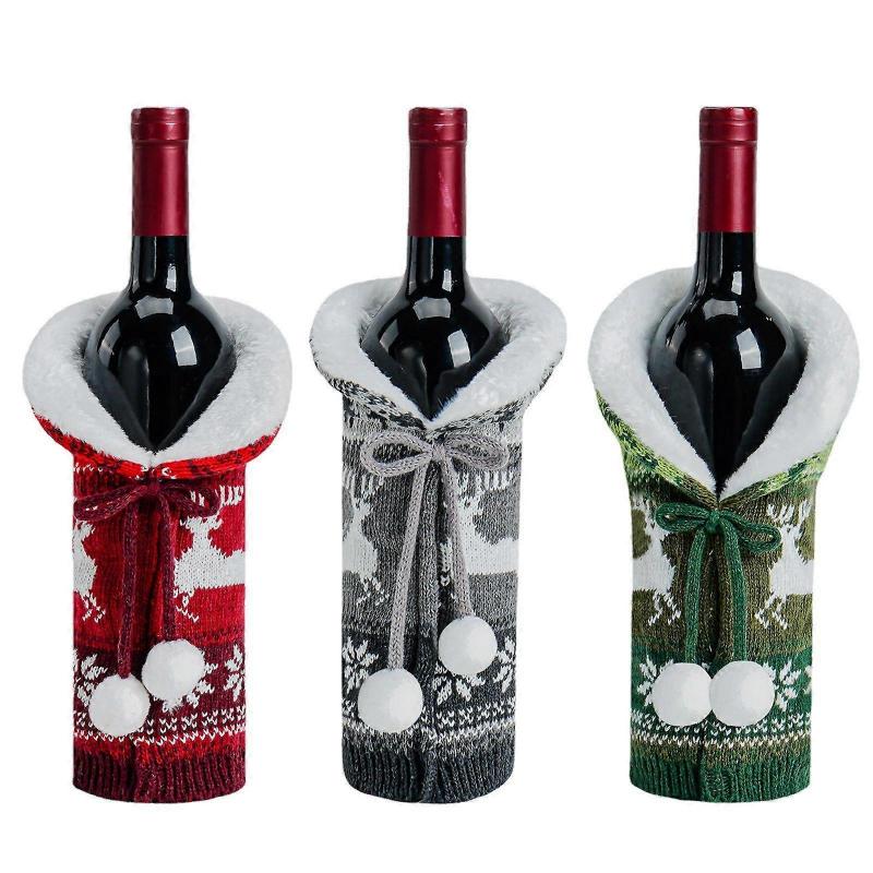 New Christmas Ornaments Plush Knitted Wine Bottle Cover Red Wine Bottle Cap Holiday Home Decoration Wine Cover Set of 3 with Faux Fur Collar