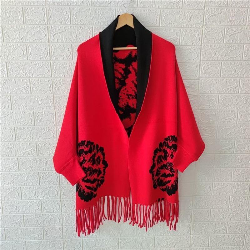 Женское пончо 2022, осенне-зимний шарф из искусственного кашемира с пионом и бахромой, двусторонняя теплая накидка с длинными рукавами, женский топ