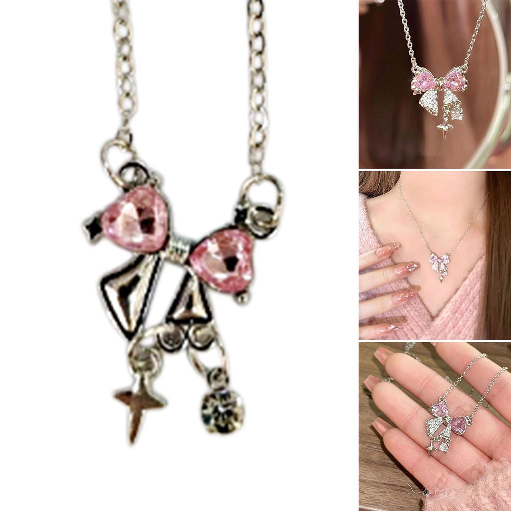 Elegant Pink Bowknot Necklace Women Fashion Jewelry Alloy Texture Elegant Women Necklace Suitable for Comfortable Wear