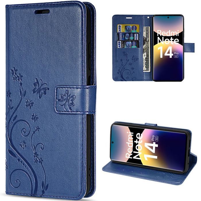 Coque pour Xiaomi Redmi Note 14 Pro 5G (pas pour 4G) Protection Synthécuir Relief Floral Artistique - Bleu Marine