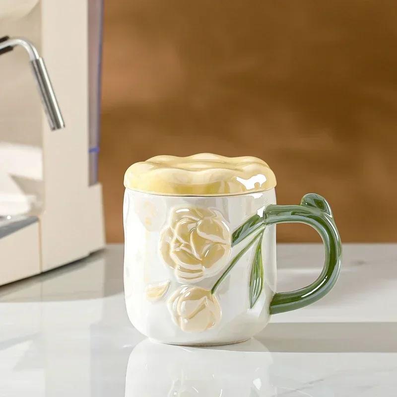 Ceramic Mug Creative Rose Relief Pattern Coffee Cup with Lid Birthday Gifts Breakfast Milk Mugs Home Office Dormitory Water Cups