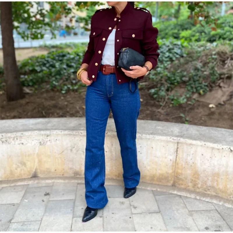 Стильная женская двубортная короткая куртка в ретро-стиле с воротником-стойкой в европейском и американском стиле