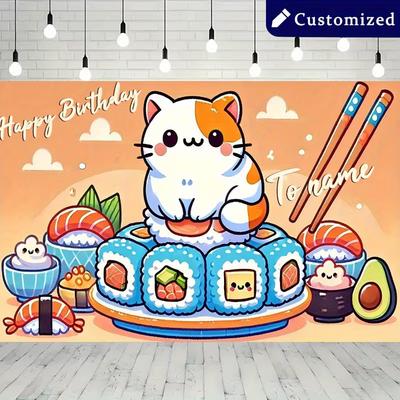 Фон для дня рождения с котиком-суши, Кавайный аниме-фон, Декор для вечеринки