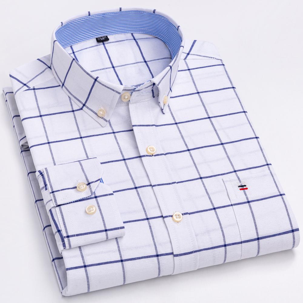 Men's Plaid Checkered Long Sleeve Oxford Woven Shirt Single Patch Pocket 100% Cotton Standard-fit Versatile Casual Shirts