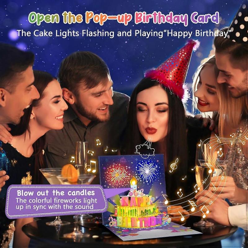 Birthday Cards Fireworks Pop Up Cake Blowable Light and Music Happy Birthday Card Gifts for Women Men Mom Kids less