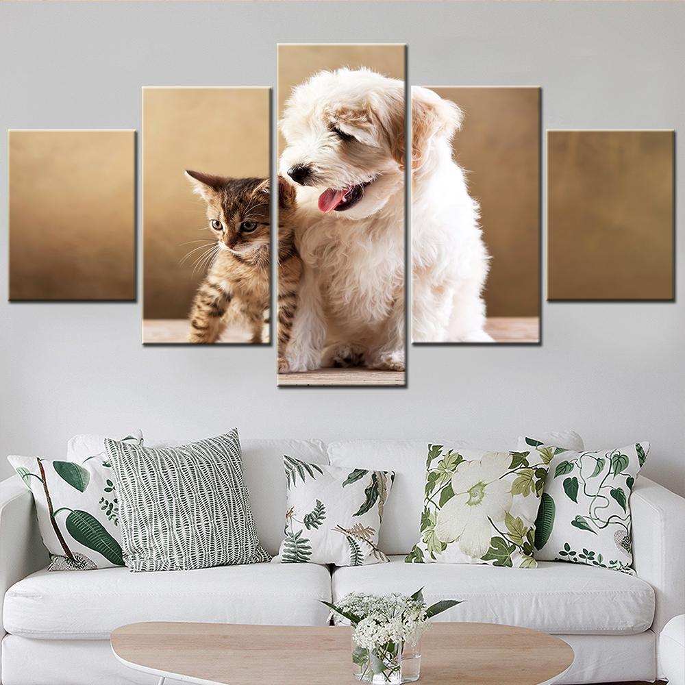 Cute Kitten And Puppy Wall Art Room Decor Canvas Set Animal Dog Cat Painting Modular Kawaii Picture Bedroom Decoration Poster