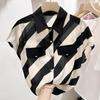 Простота Летняя Женская ПОЛО Воротник Полосатый Контрастный Цвет Однобортный Корейский Повседневный Свободный Короткий Рукав Шифоновая Рубашка Топы