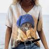 Женская уличная мода трендовая футболка с милым котом 3D-принт с коротким рукавом универсальная свободная повседневная женская одежда с V-образным вырезом