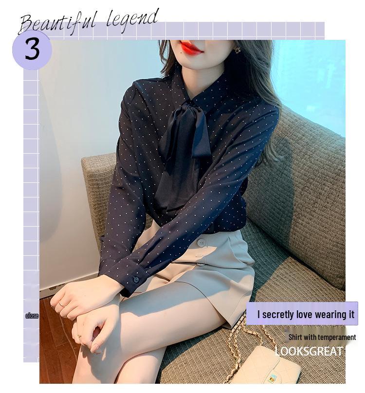 Шифоновая блузка в горошек с бантом - Женская осенняя мода с длинным рукавом