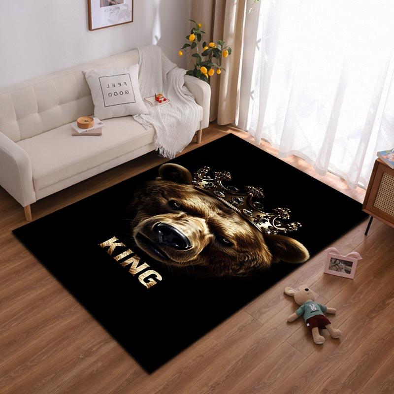 Bear with Crown Printed Carpet - Black Background with "King" Text Suitable for use as an anti-slip for living room bedroom sofas
