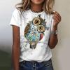 Summer Round Neck Owl Pattern Printed Top Fashionable Casual Cute Short Sleeved Women's T-shirts