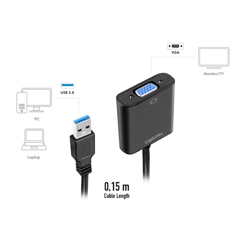USB 3.0 to VGA 1080p Adapter, Black, 0.15m - LogiLink