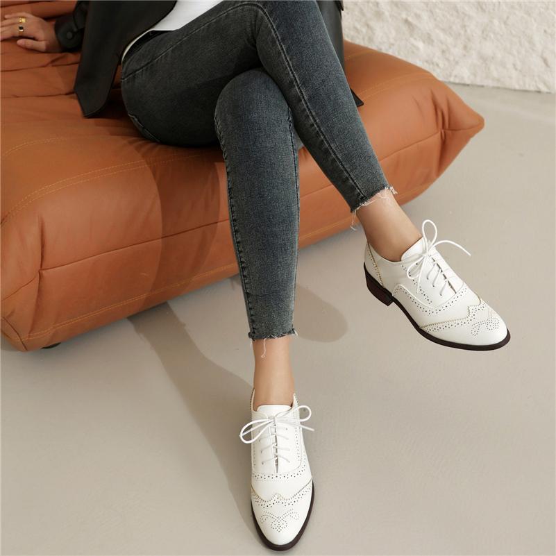 FOREADA Women Pumps Round Toe Chunky Mid Heels Lace-up Concise Ladies Fashion Shoes Spring Autumn Black Brown White 46