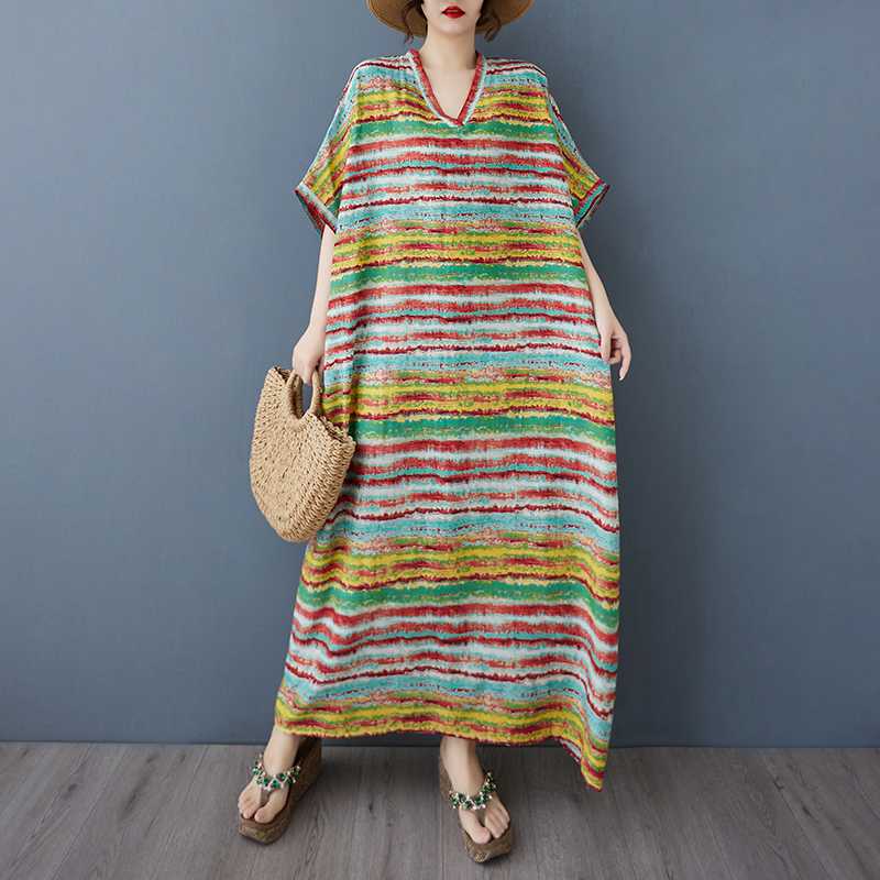 Ladies' V-neck Vintage Long Skirt Cotton Linen Dress