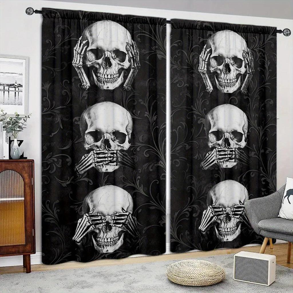 Three Wise Skulls Printed Curtain for Home Decor - Rod Pocket Window Treatment for Bedroom, Kitchen, Living Room