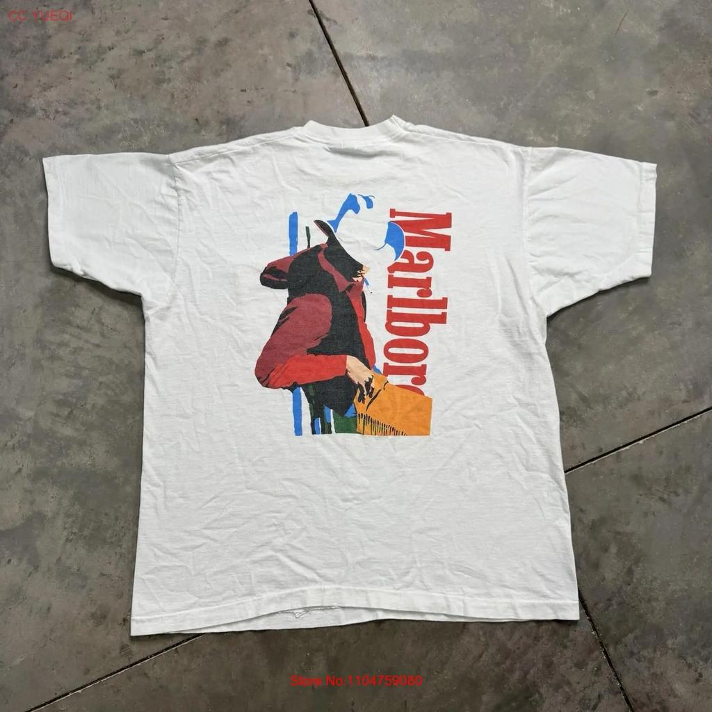 Винтажная белая мужская футболка Marlboro Ковбойский карманный принт 90-х Сигареты Вестерн винтаж Стирка Мягкая модная дизайнерская одежда