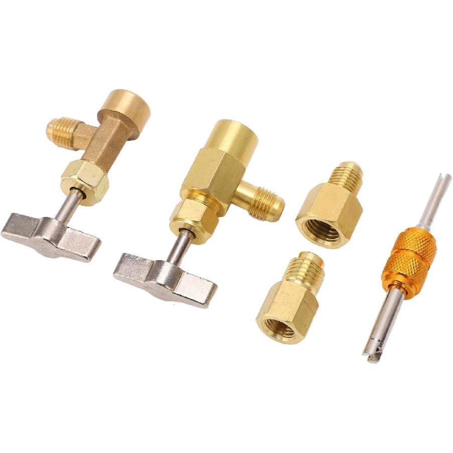 R134a Adapter Fitting Kit Refrigerant Self-Sealing & Puncture Style Can Valve Adapter- AC Freon Self Sealing Tap Fitting with Brass Convert & Core