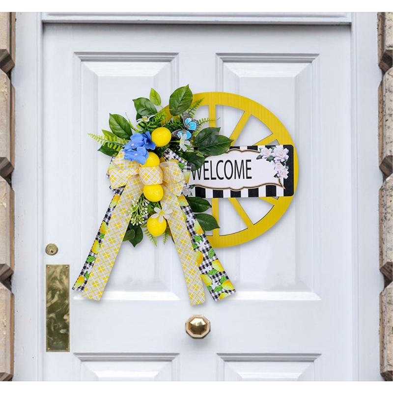 Artificial Spring Wreath with Welcome Wheel, Bowknot Flower Wreath for Front Door, Wedding, Garden Outdoor Decorations