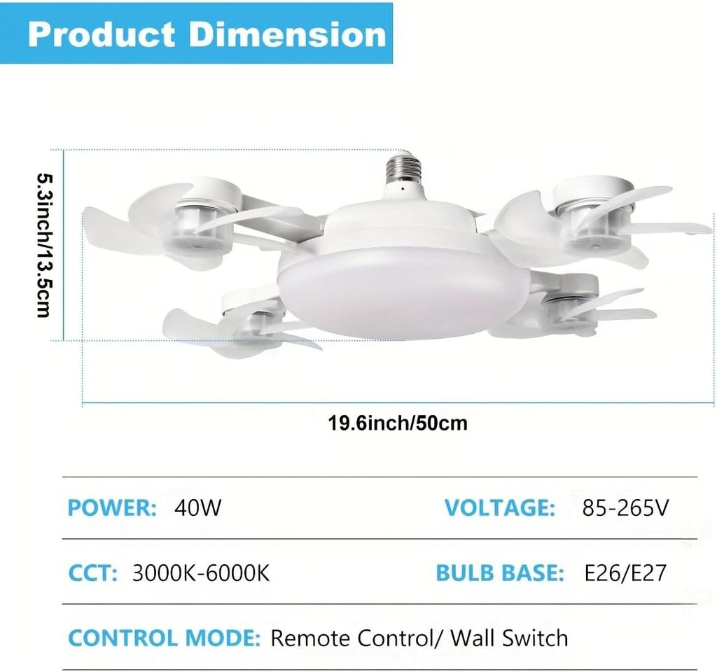 Ceiling Fan with Light and Remote Control Ceiling Fan Light LED Dimmable Ceiling Fan Light 3 Speed Adjustable Bulb Fan
