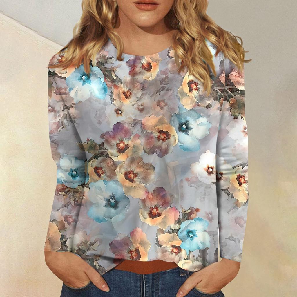 Женская модная повседневная футболка с круглым вырезом и длинным рукавом с принтом, топ